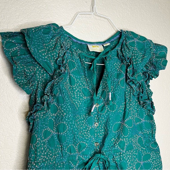 Anthropologie Maeve Ruffled Button Down Green Blouse with Embroidery Size XS - Picture 2 of 16